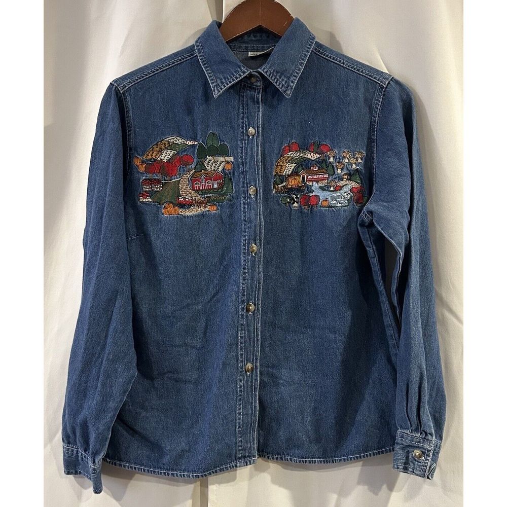 Just My Size Shirt Womens Petite Medium Blue Denim Harvest Embroidered Cotton